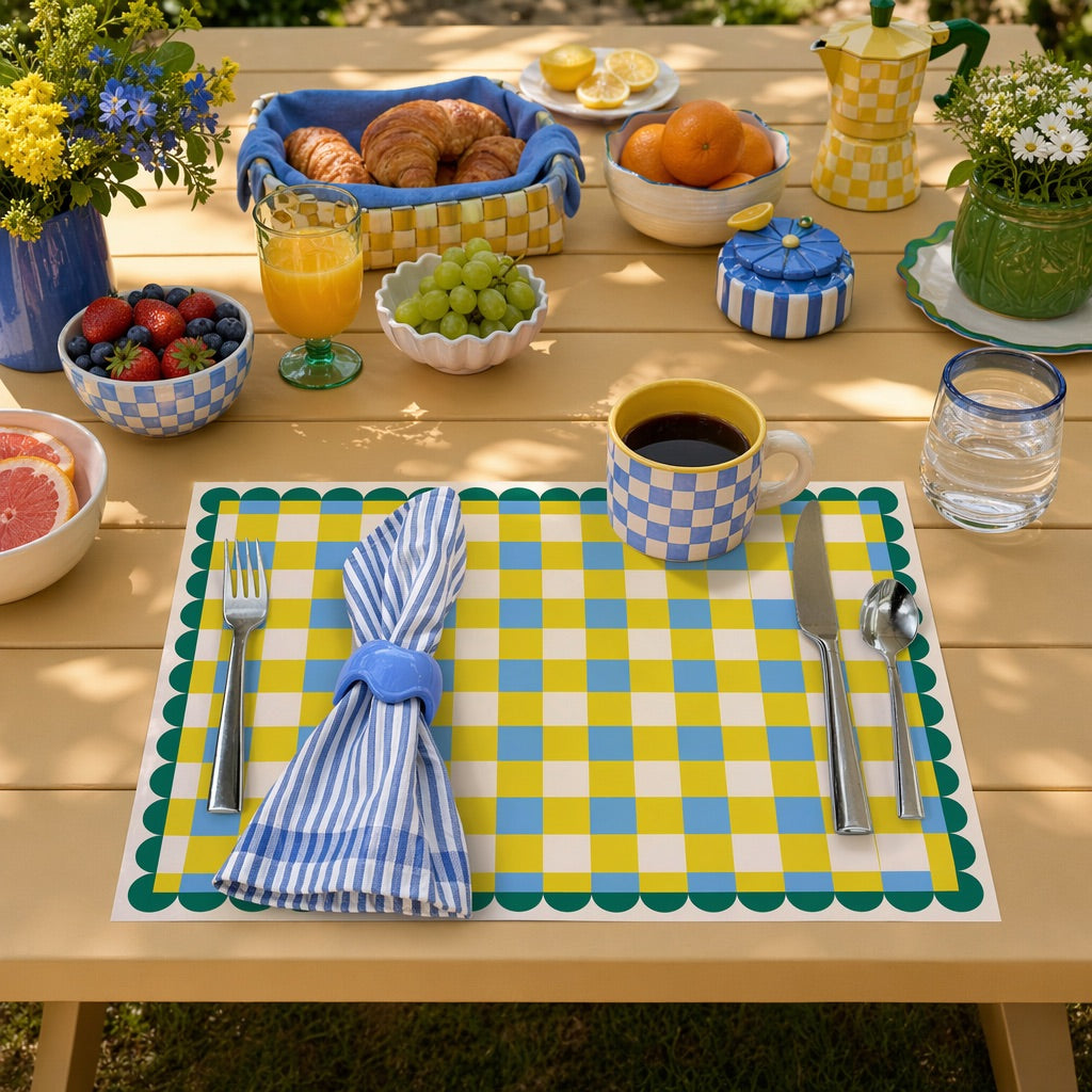 Outdoor breakfast table setting with croissants, fruit, coffee, and checkered paper placemat.