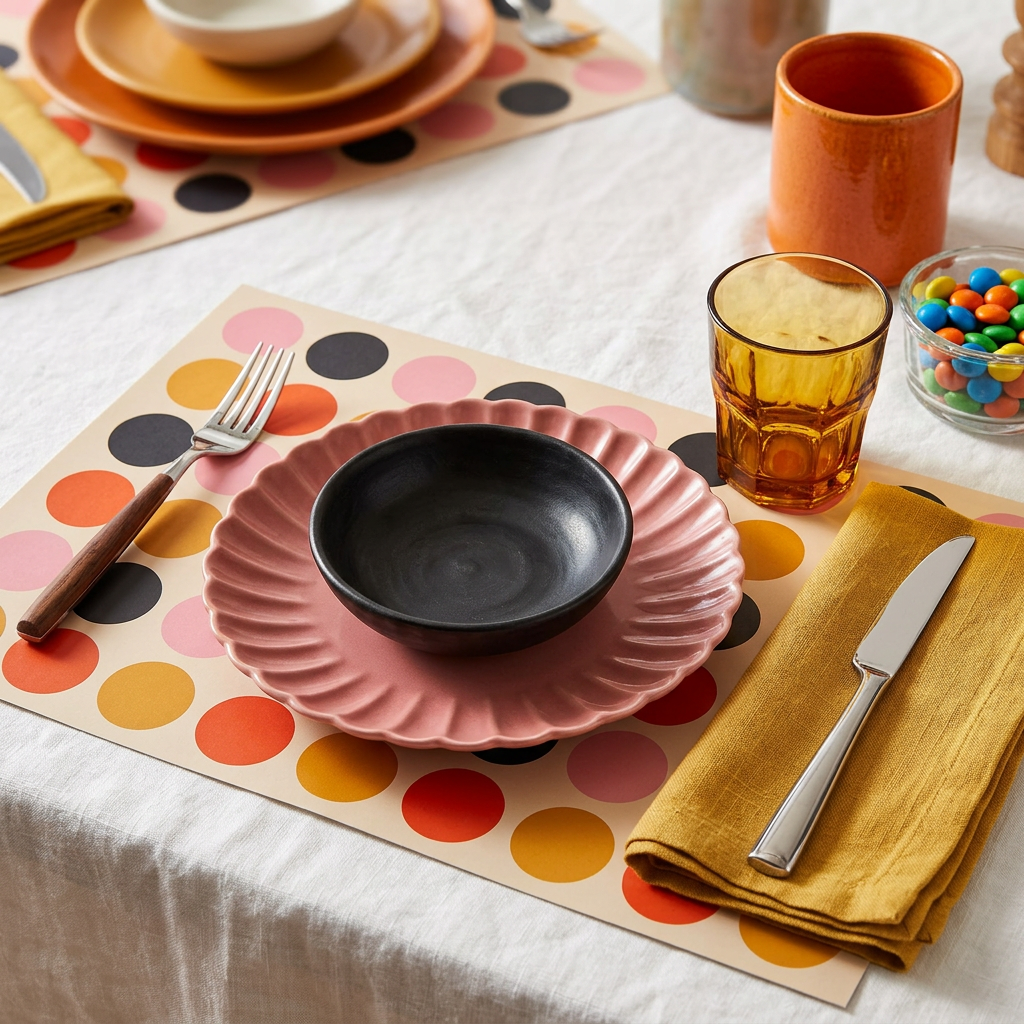 Dining table setting with colorful plates, glasses, and cutlery on a polka dot paper placemat.