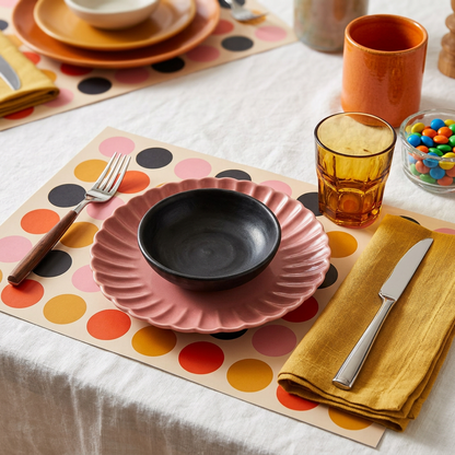 Dining table setting with colorful plates, glasses, and cutlery on a polka dot paper placemat.