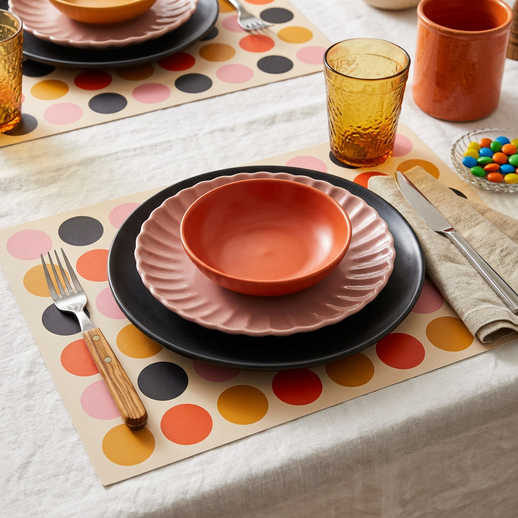 Dinner setting with colorful plates, glasses, and cutlery on a polka dot paper placemat.