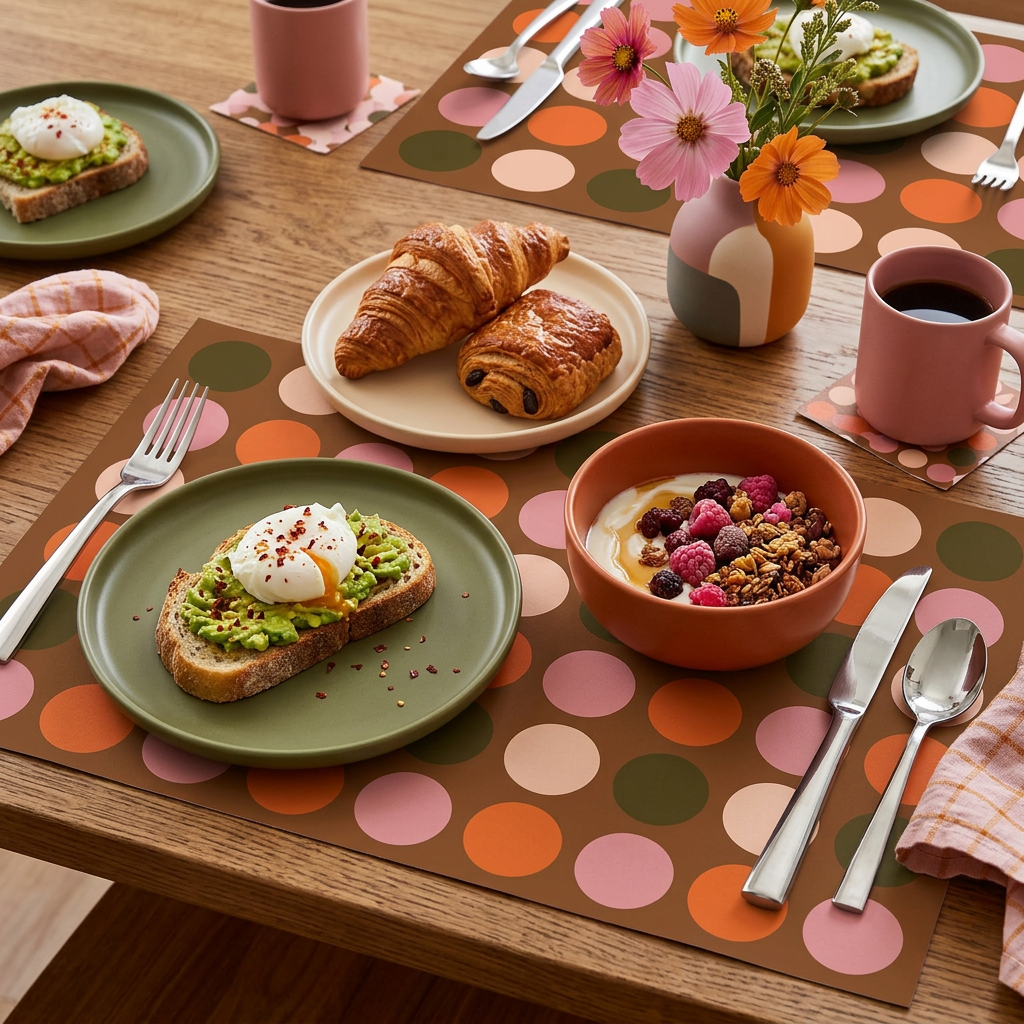 Breakfast table setting with croissants, toast, and a bowl of granola on a polka dot paper placemat.