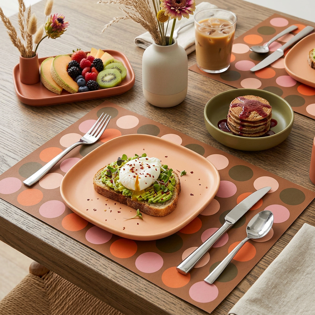 Table setting with avocado toast, pancakes, and a fruit plate on polka dot paper placemats.