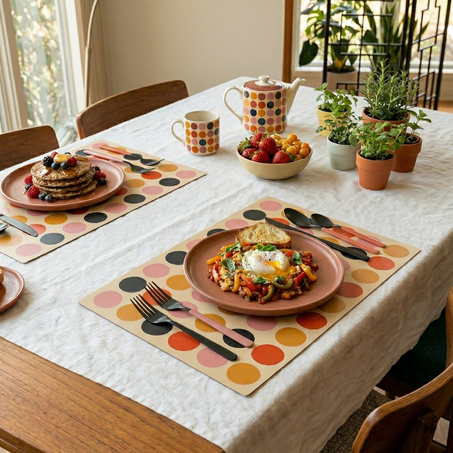 Dining table set with a meal, colorful polka dot paper placemats, and decorative items.