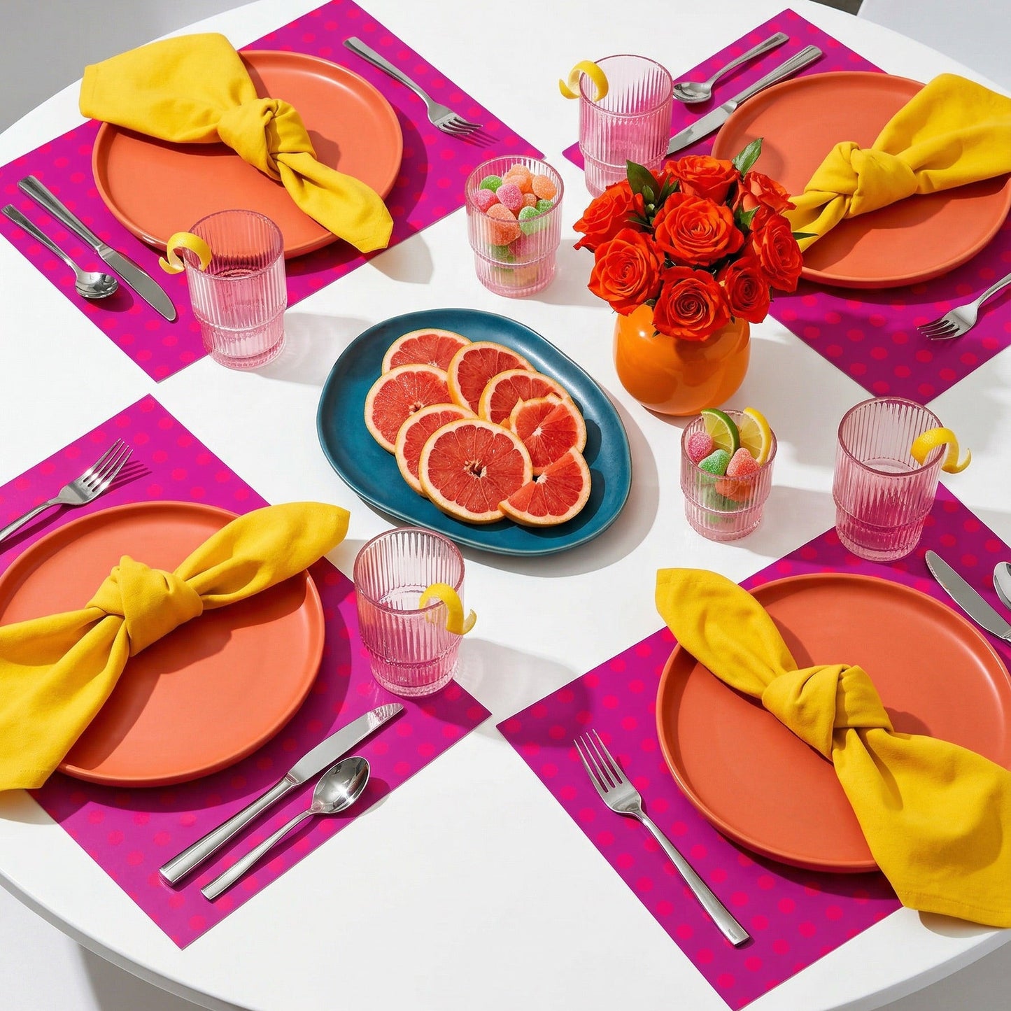 Colorful table setting with orange plates, yellow napkins, and pink paper placemats.
