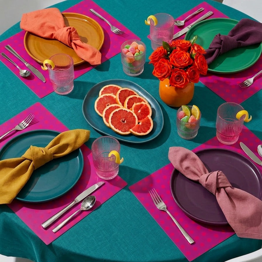Colorful table setting with plates, glasses, and flowers on pink polka dot paper placemats.