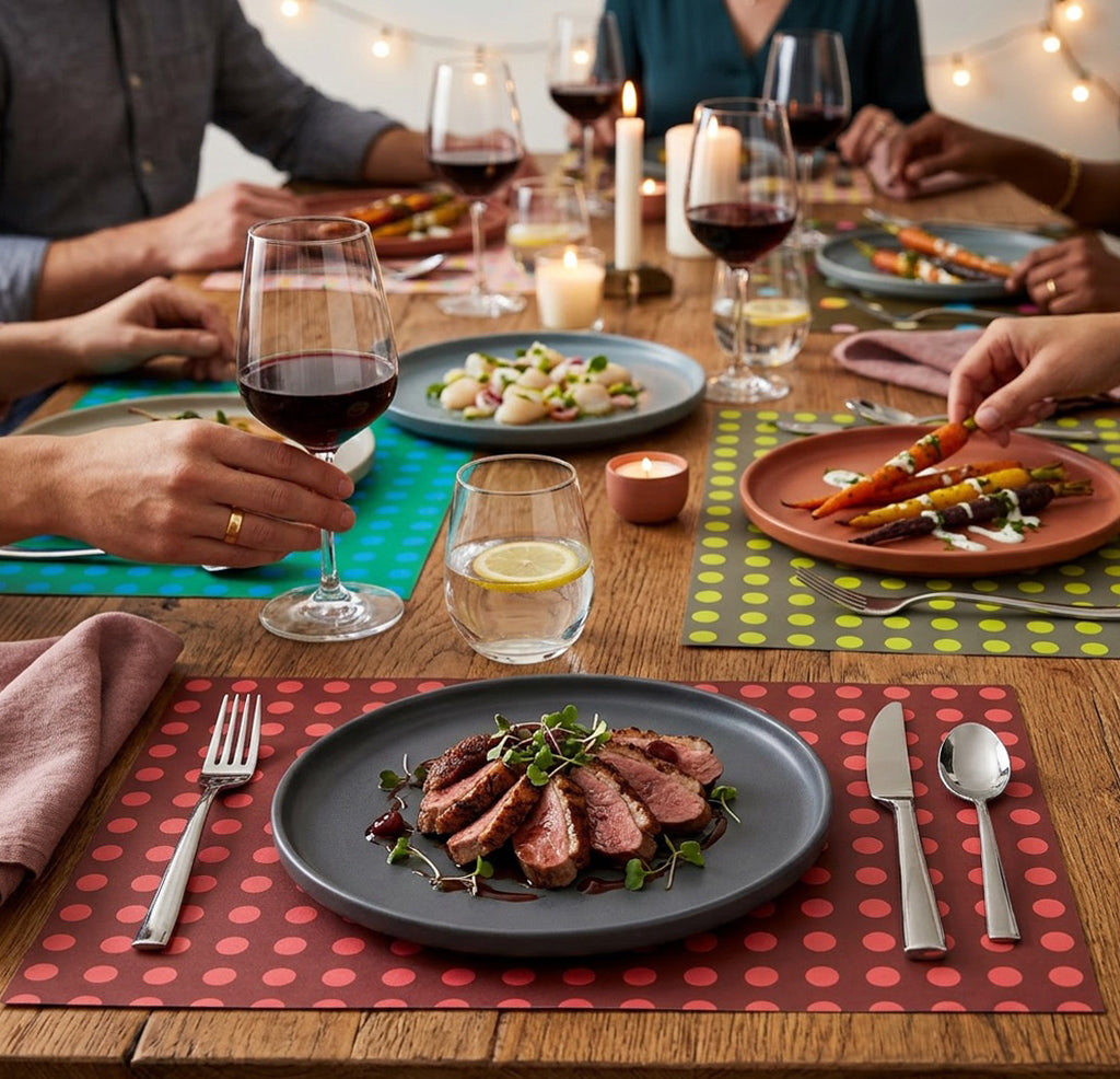 People enjoying a meal together at a dinner table with wine glasses and polka dot paper placemats.