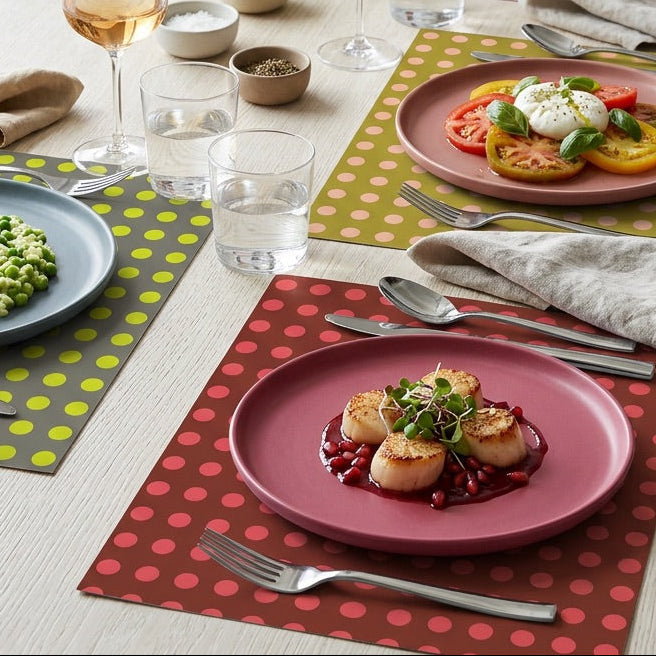 Dining table set with various dishes, glasses, and cutlery on polka dot paper placemats.