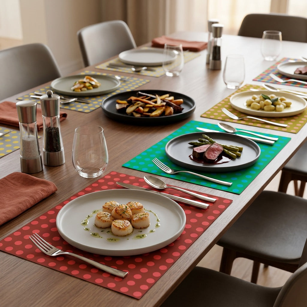 Dining table set with plates of food, glasses, and cutlery on polka dot paper placemats.