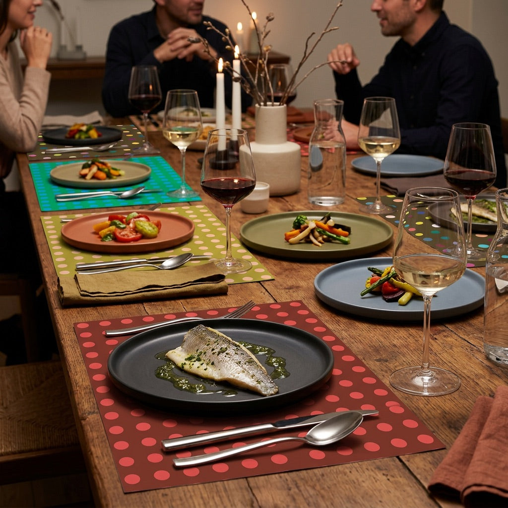 Dinner party with people seated around a table set with plates, glasses, and colorful paper placemats.
