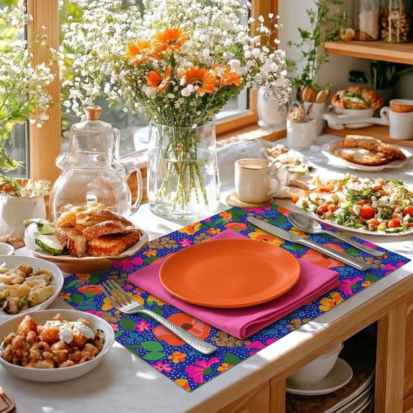 Dining table set with colorful  paper placemats, plates, and flowers in a bright room with large windows.