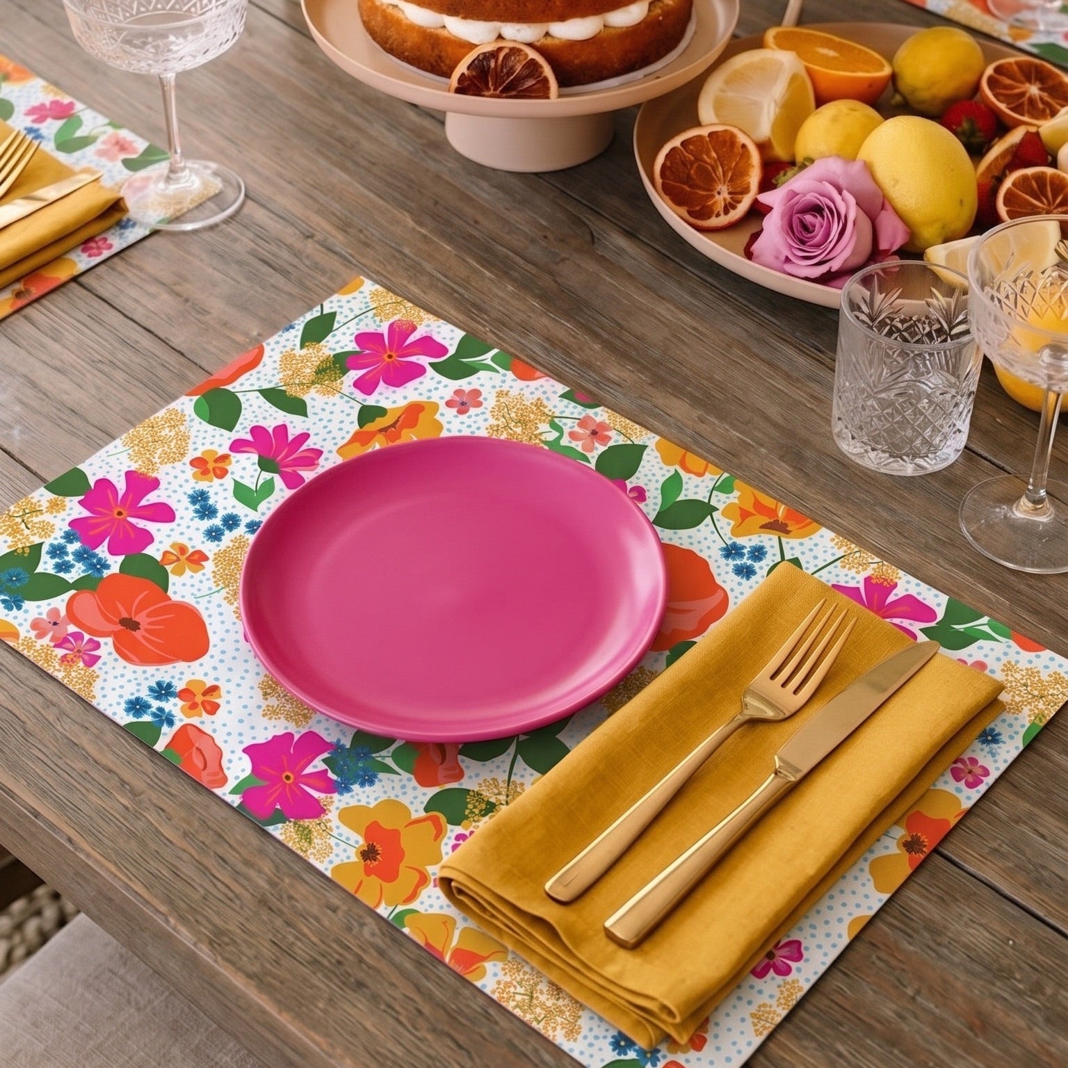 Dining table set with a cake, plates, and cutlery on a floral paper placemat.