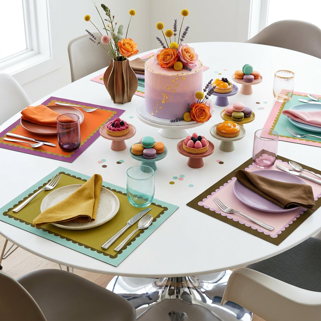 Decorative table setting with a cake, pastries, and colorful scallop paper place mats.