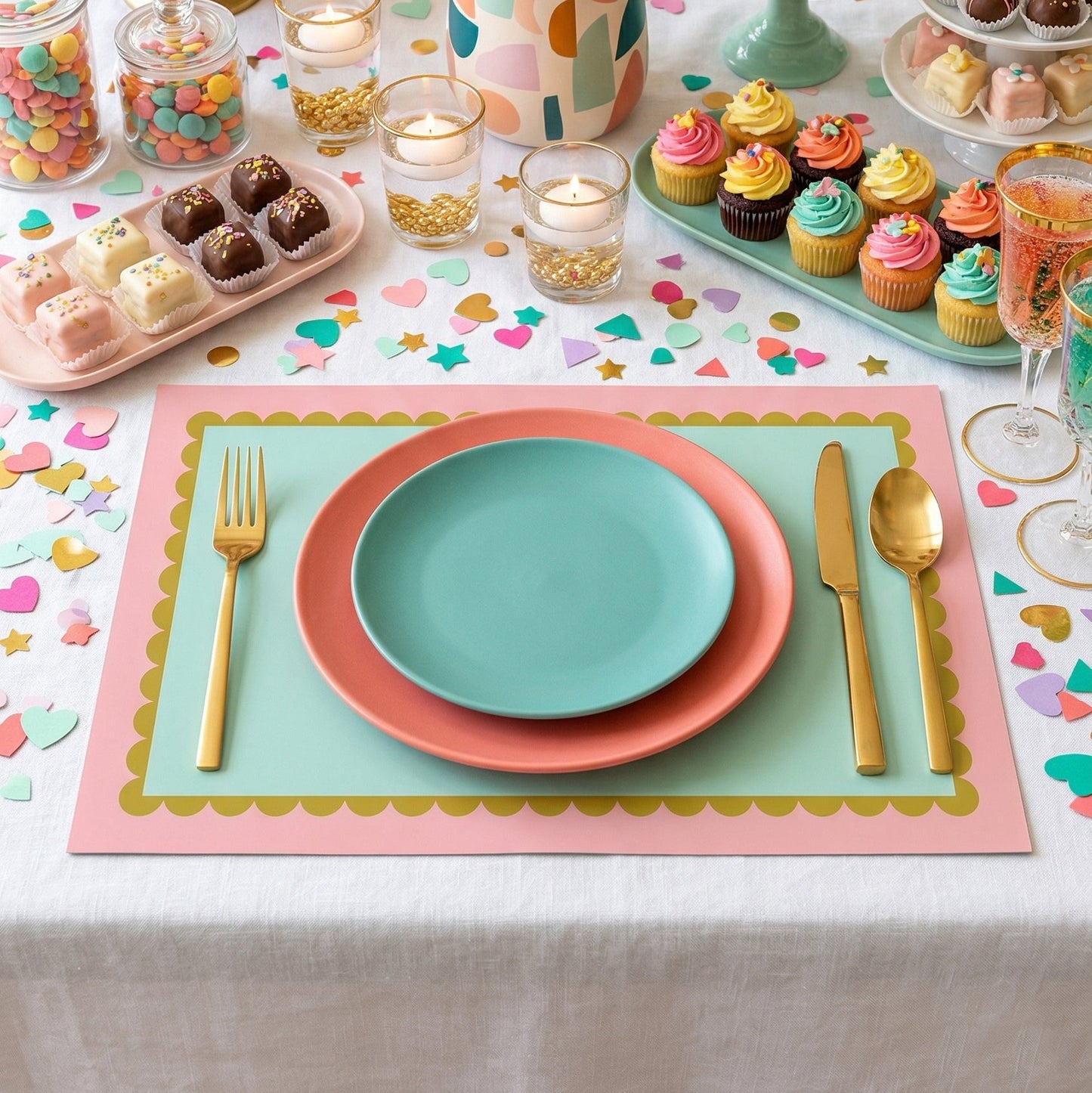 Colorful table setting with pastel plates, flowers, and desserts on a colorful scallop paper placemat.