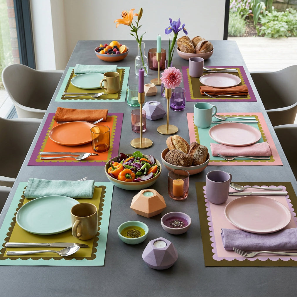 Colorful table setting with colorful scallop paper placemats and dinnerware in a bright room.