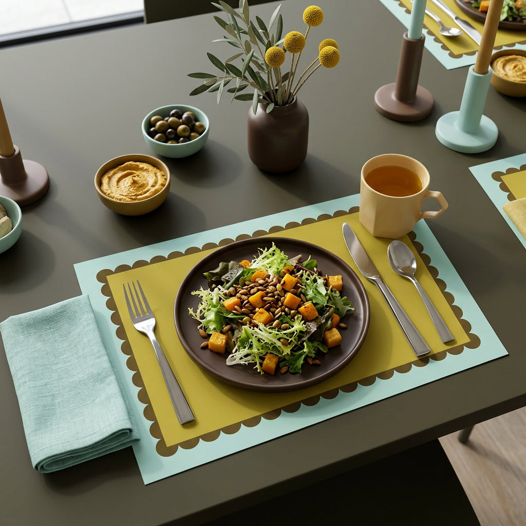 Dining table setting with a plate of salad, cup of tea, and various tableware on a colorful scalloped paper placemat.
