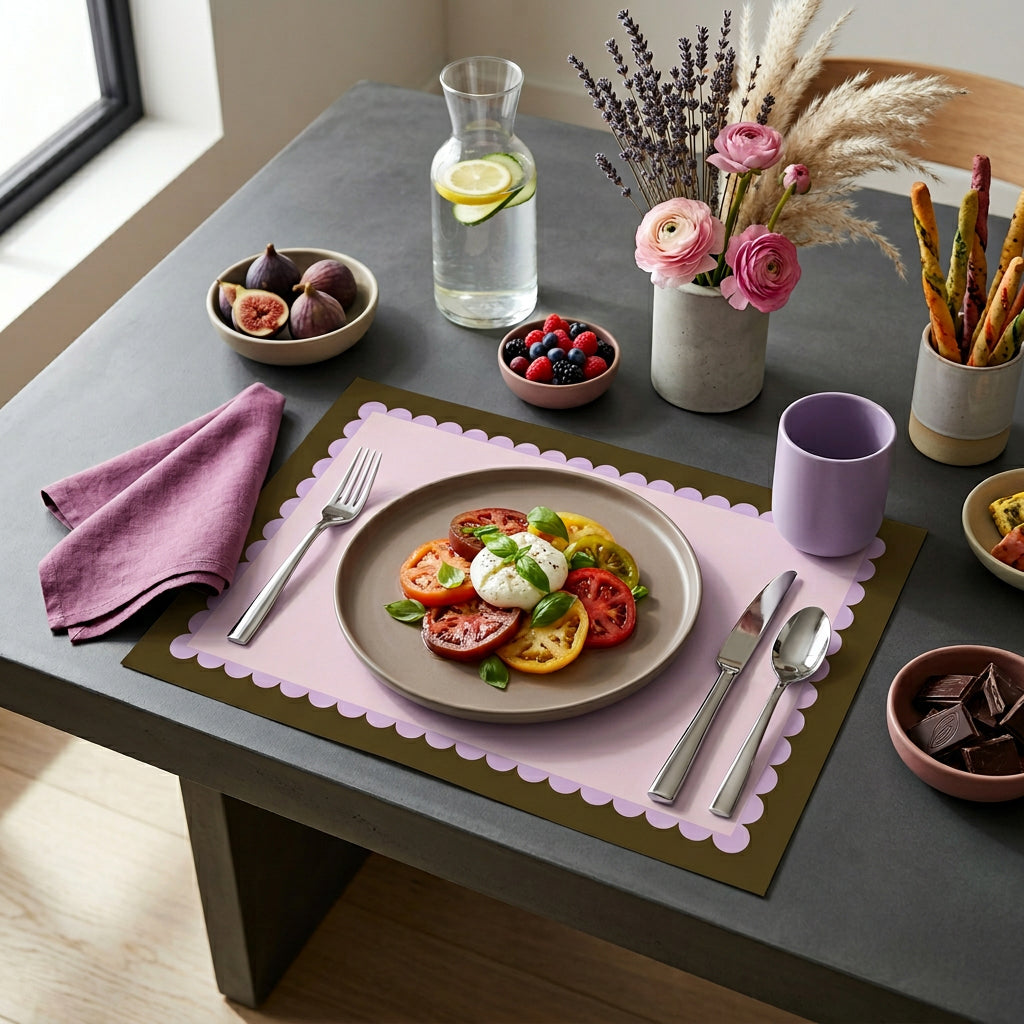 Table setting with a plate of salad, cutlery, and various dishes on a pink and lavender paper placemat.