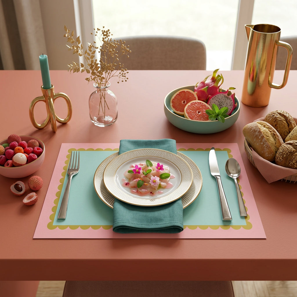 Dining table setting with a plate of food, cutlery, and various dishes on a pink table with colorful scallop paper placemats.