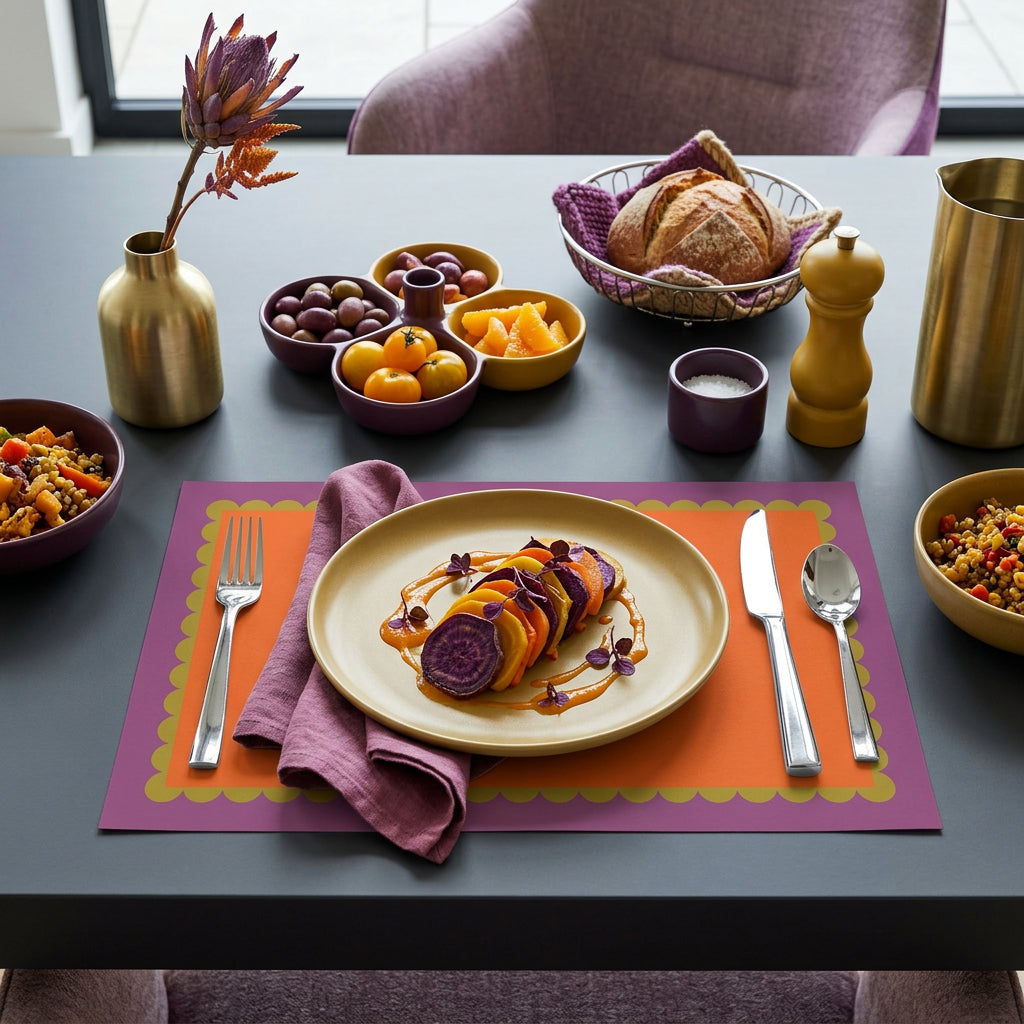 Dining table set with a plate of food, cutlery on an orange and purple scallop paper placemat.