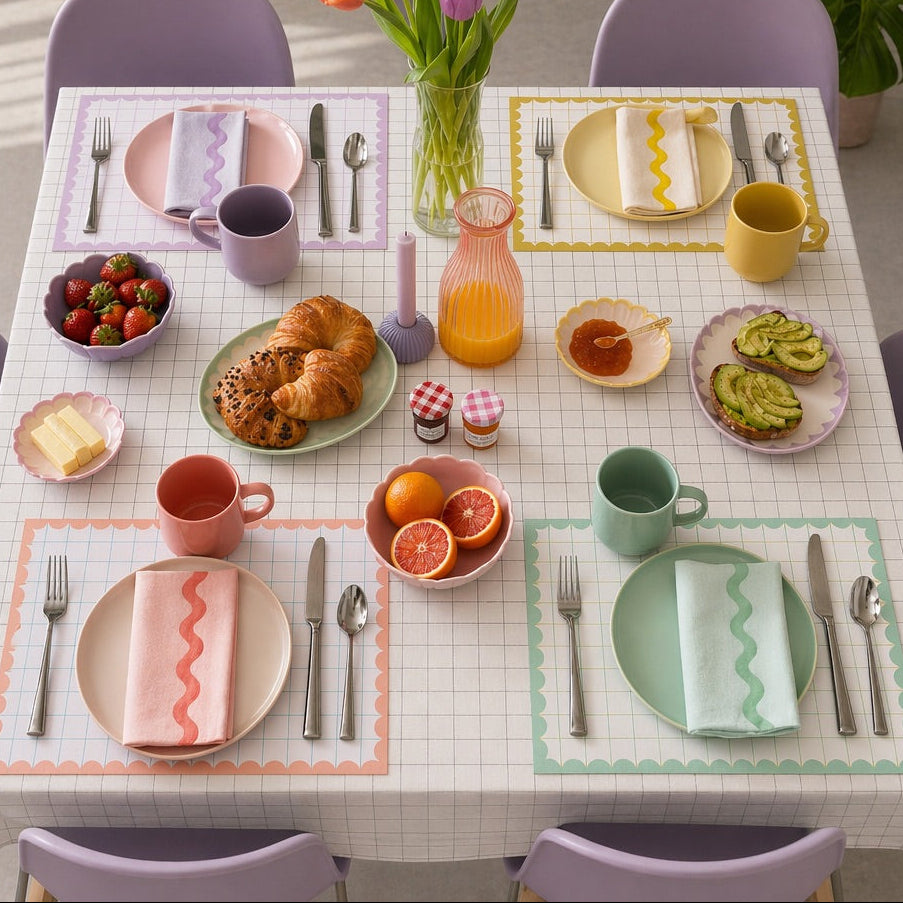 Dining table set for breakfast with plates, cups, and colorful paper placemats.