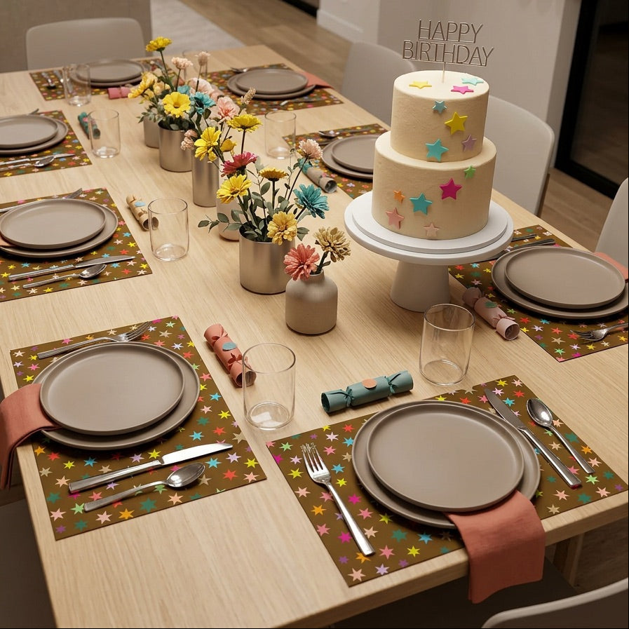 Brown paper placemat with colorful stars on a table set for a birthday dinner. 