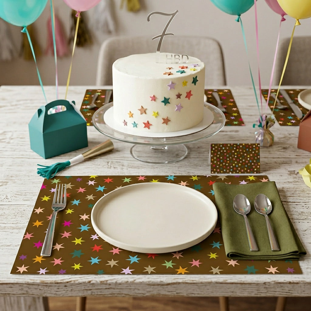 Brown paper placemat with colorful stars on a table set for a birthday.