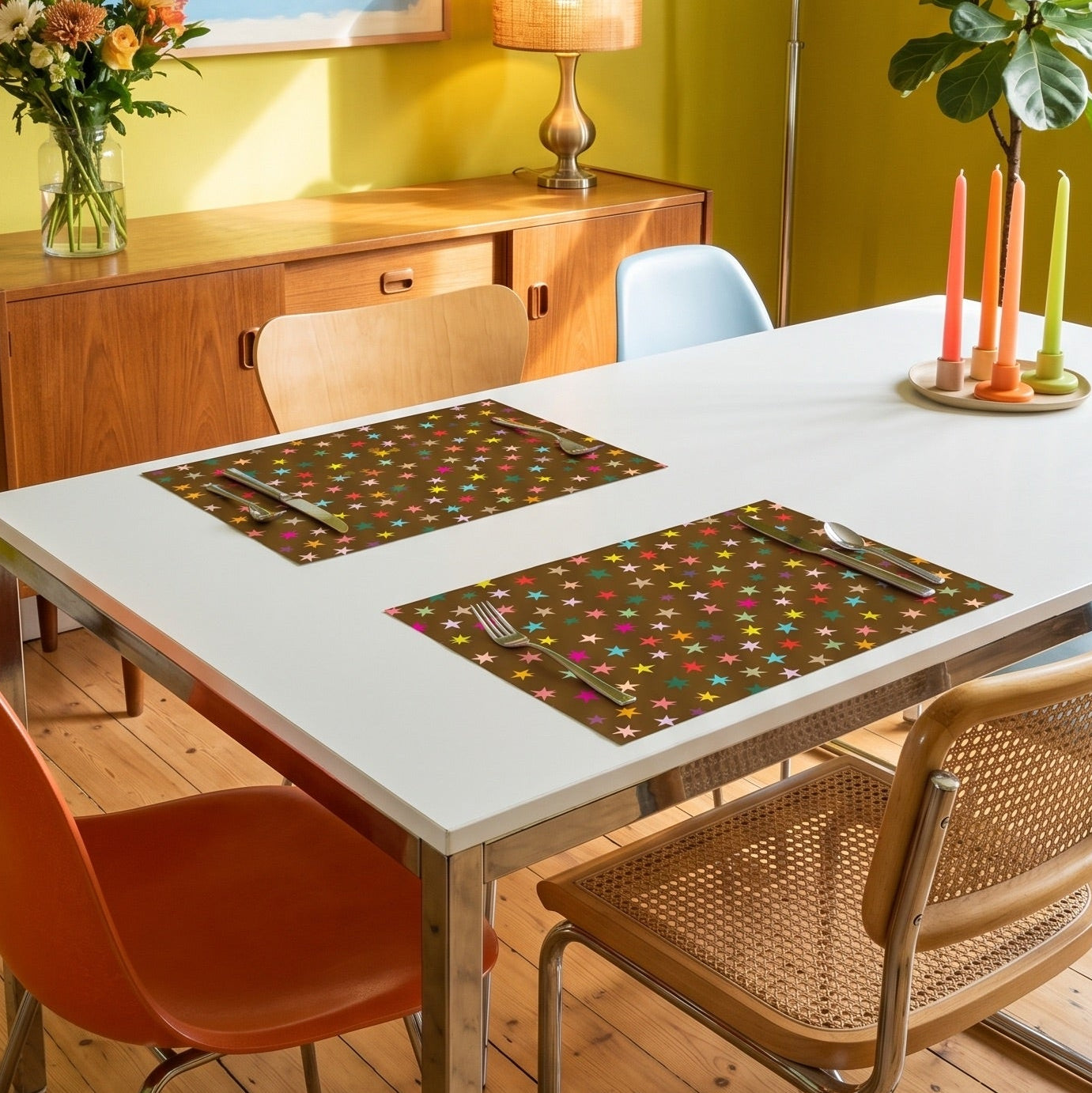 Brown paper placemat with colorful stars on a table set for a dinner. 