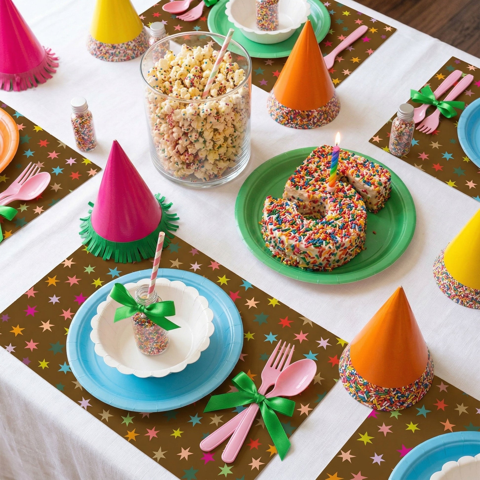 Brown paper placemat with colorful stars on a table set for a birthday. 