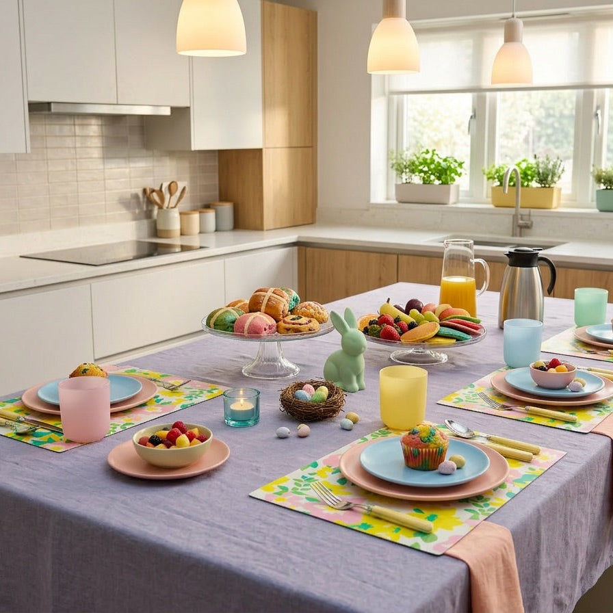 Decorative Easter table setting in a bright kitchen with floral paper placemats.