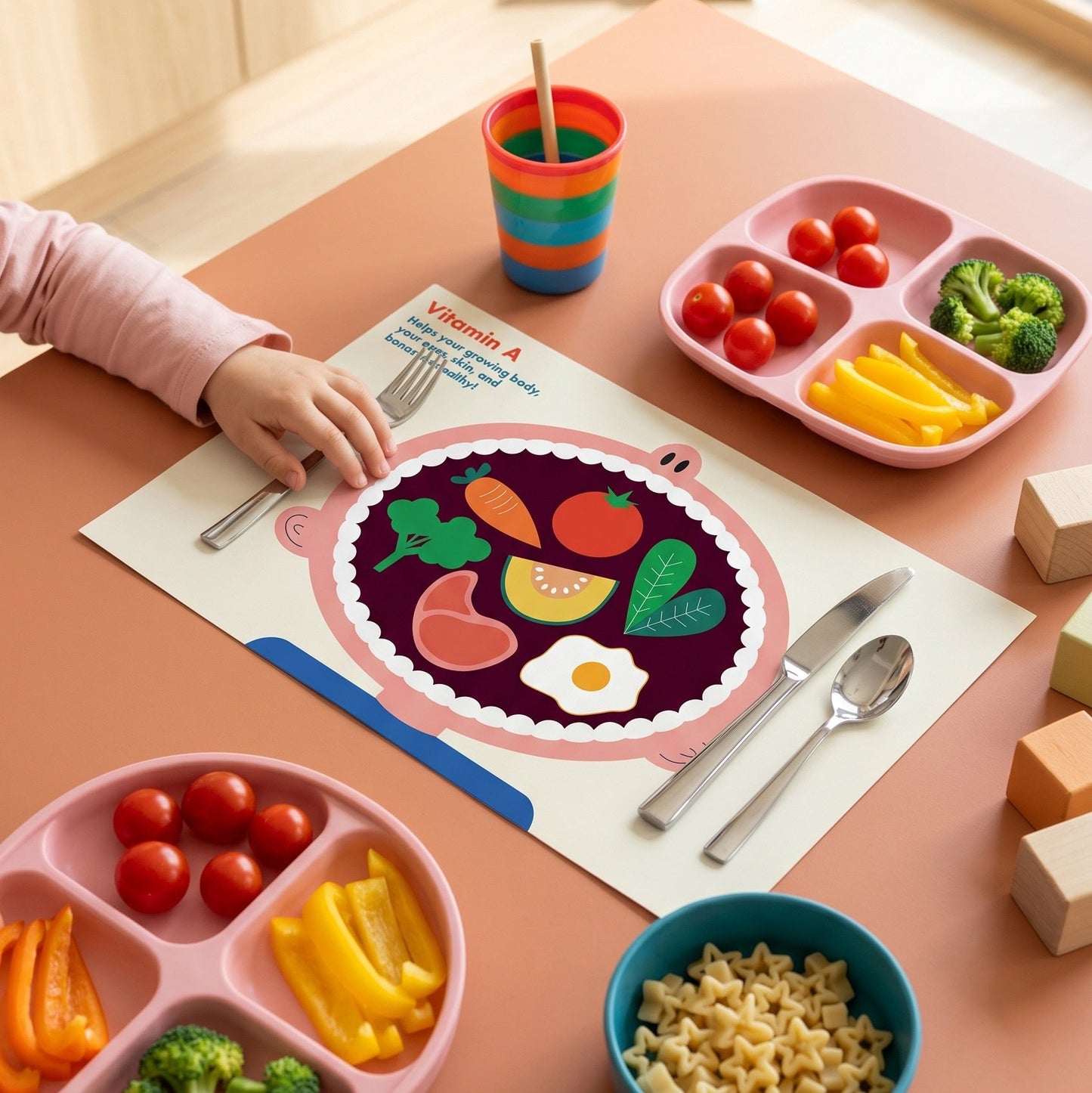 Children's mealtime setup with divided plates, cups, and a paper placemat on a table.