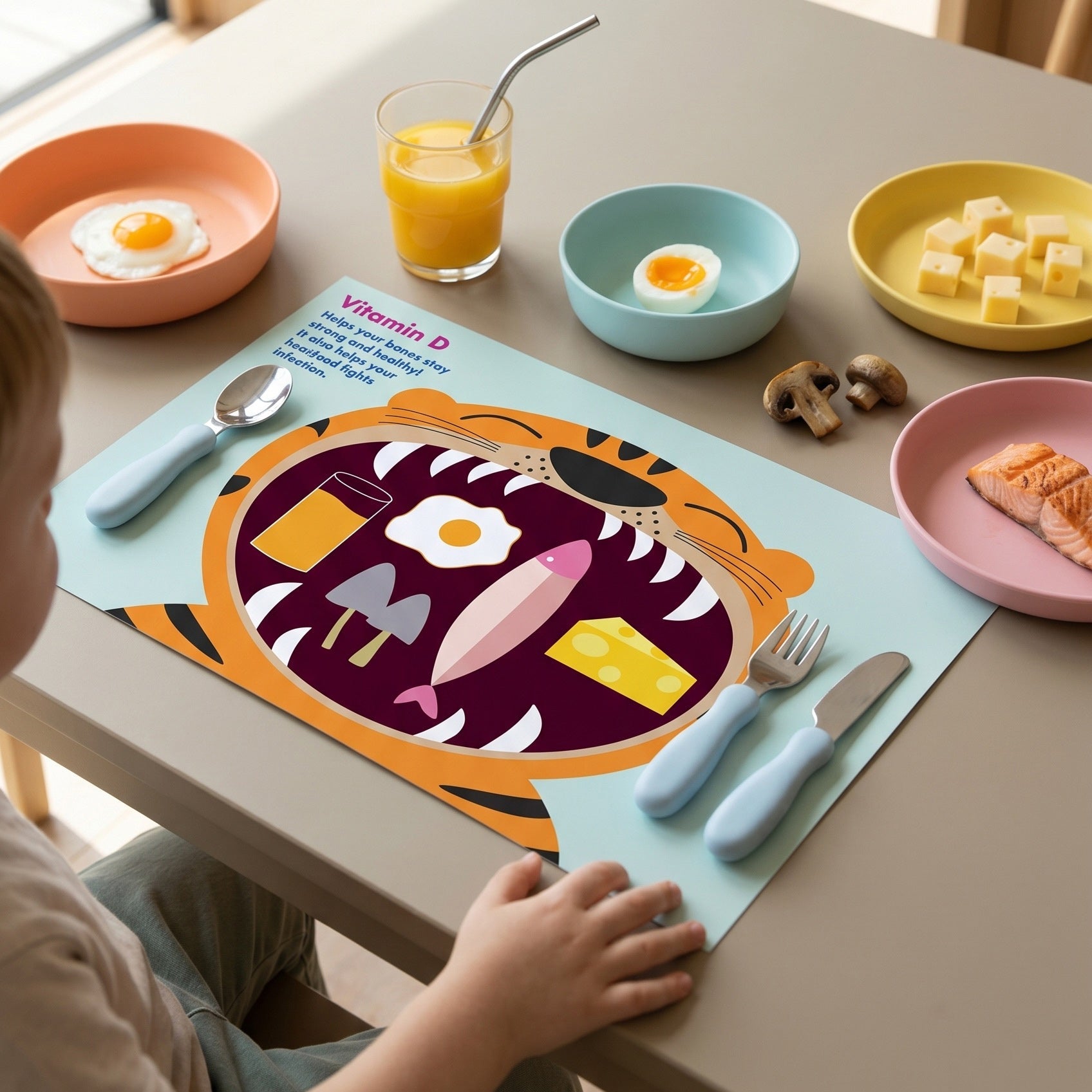 Child at a table with a colorful paper placemat, plates with food, and utensils.