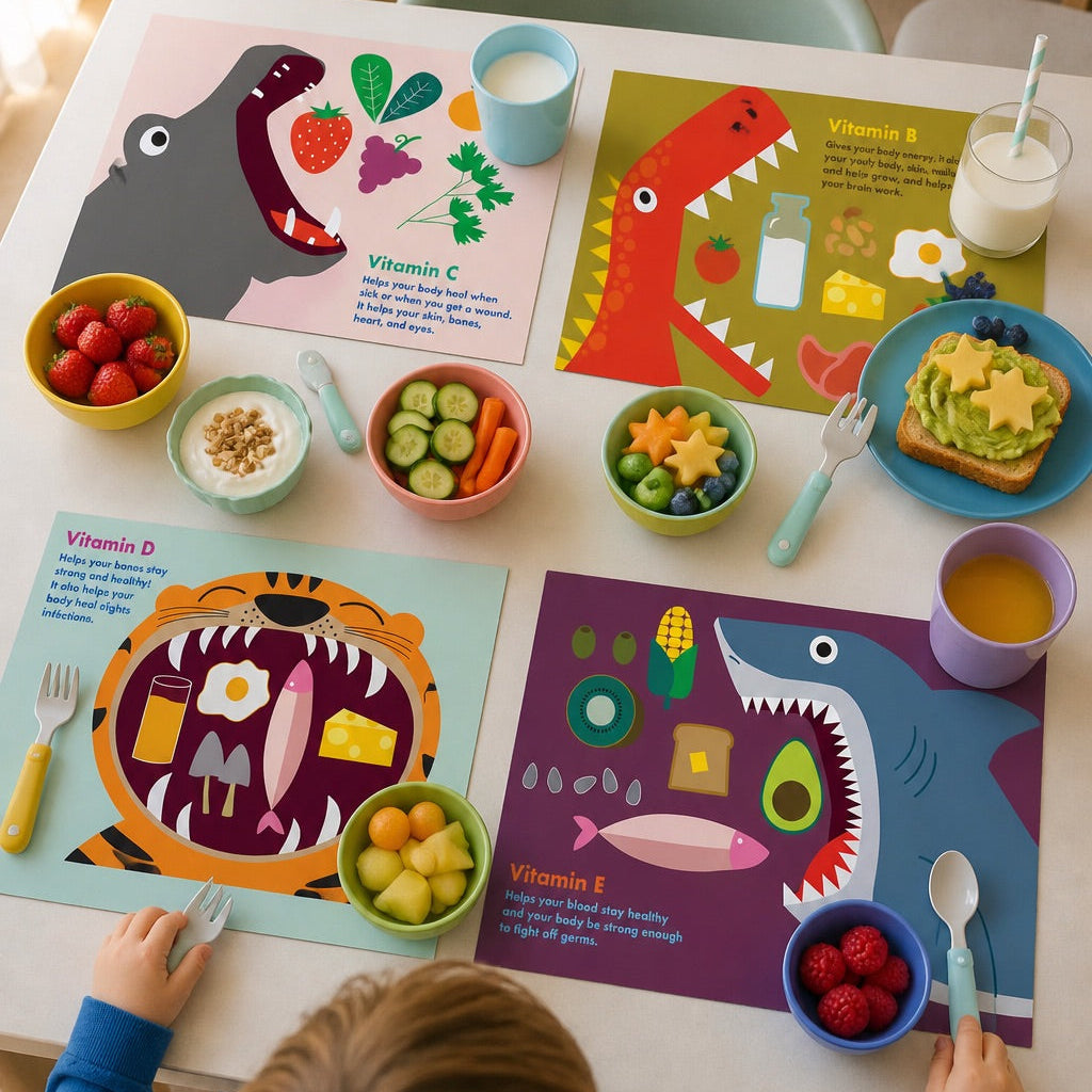 Child at a table with educational placemats and healthy food options