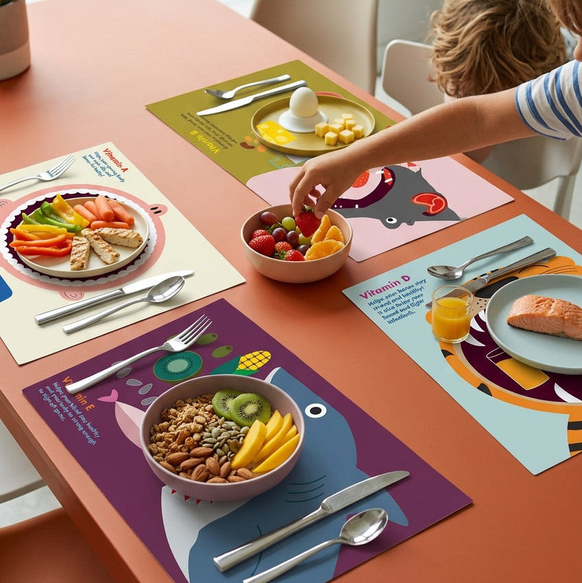 Children's table setting with colorful placemats, plates, and food on a pink table.